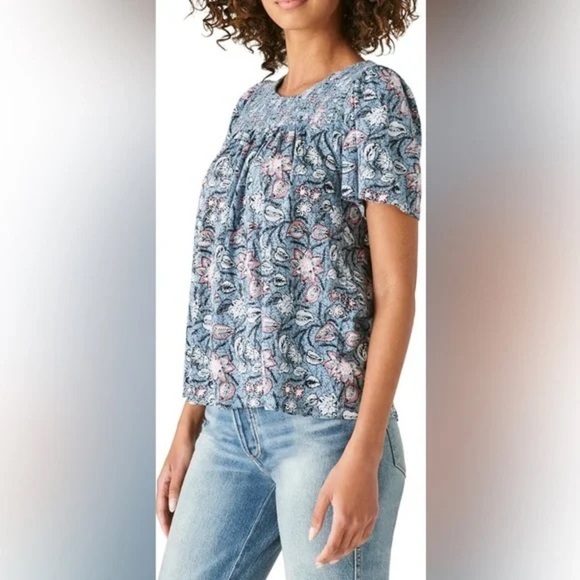 Lucky Brand cotton/modal floral boho top Size S blue white coral - Picture 2 of 11